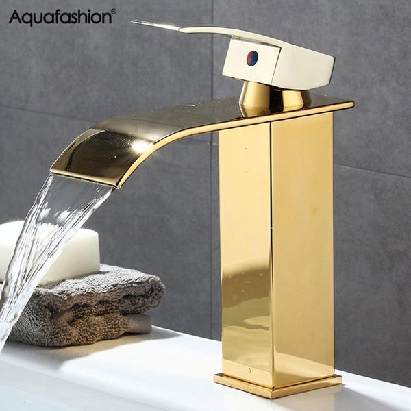 

gold bathroom faucet waterfall basin tap torneira and cold golden sink faucets