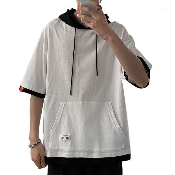 

men's casual shirts male's printing short sleeve t-shirt men's white cotton hooded, White;black