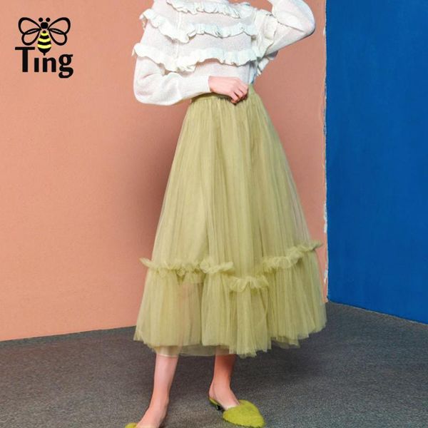 

tingfly tulle skirts women mesh elastic tutu skirt 2021 spring summer korean high waist kpop fashion a line midi long saia, Black