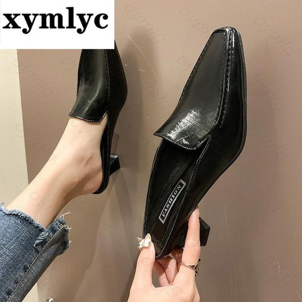 

dress patent slippers women heels shoes pointed toe female summer fashion slides metal block heel ladies slip on loafers 2021, Black