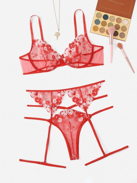 

3pack plus floral lace underwire garter lingerie set 90a5#, Black;white