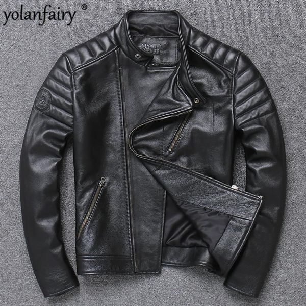 

men's leather & faux jacket men 100% real cow coat short slim spring and autumn street style punk moto&biker selling 2021, Black