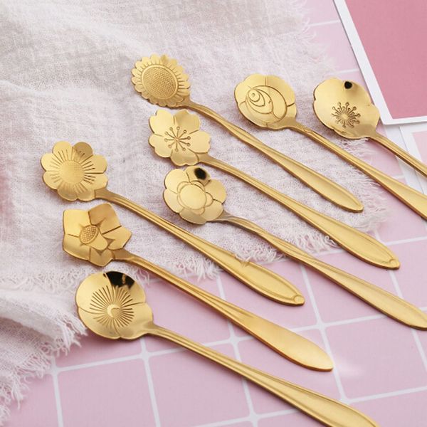 

1Pc Coffee Tea Spoon Stainless Steel Spoon Vintage Gold Flower Spoons Fancy Sugar Dessert Teaspoon Bar Cafe Kitchen Tableware