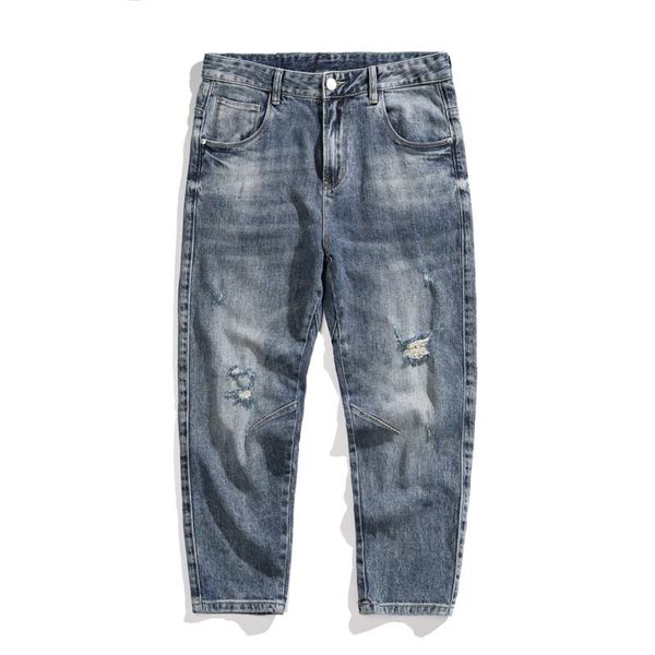 

men's jeans ripped men light blue stretch capris pants distressed casual harem vintage hip hop ankle length trousers brand