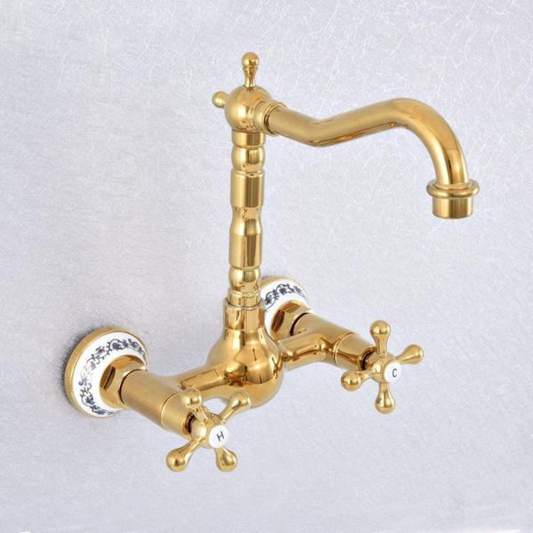 

bathroom sink faucets luxury gold brass kitchen faucet mixer tap swivel spout wall mounted dual cross handles tsf6201