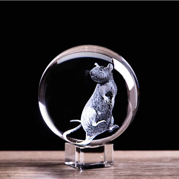 

decorative objects & figurines 3d laser engraved zodiac rat crystal ball home art collectible animal feng shui glass marbles sphere decor cr