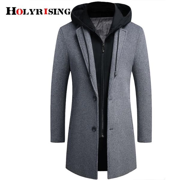 

men's wool & blends holyrising men long detachable hood woolen coat fashion jacket m-4xl manteau homme jackst 19041-5, Black