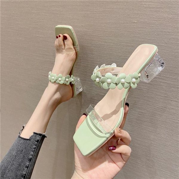 

slippers fairy clear band pearl flower women sandals flip flops summer shoes woman floral transparent heels slides 2021, Black
