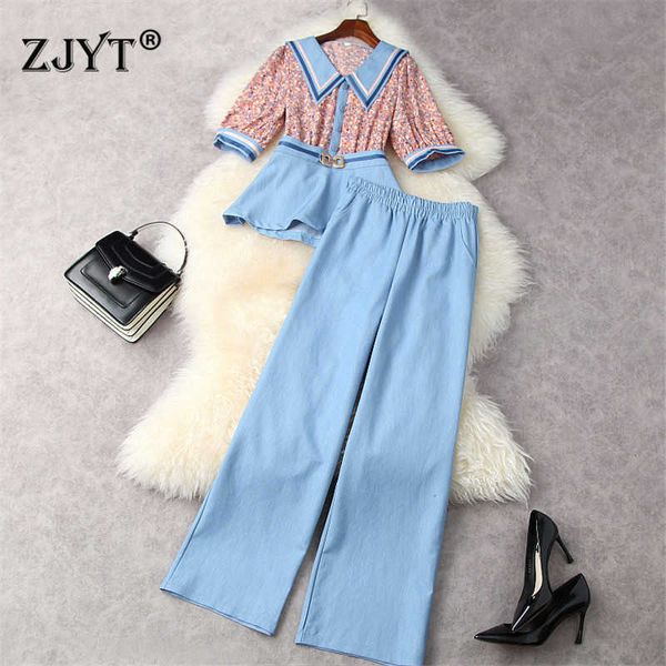 Frauen Mode Designer Sommer Zwei Stück Outfits Elegante Peter Pan Collar Print Shirt und breite Beinhose Anzug Casual Twinset 210601