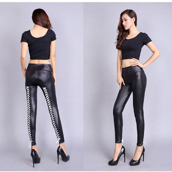 

women's pants & capris women leather punk rock bandage motorcycle tight high-waist lace up bodycon pencil trousers, Black;white