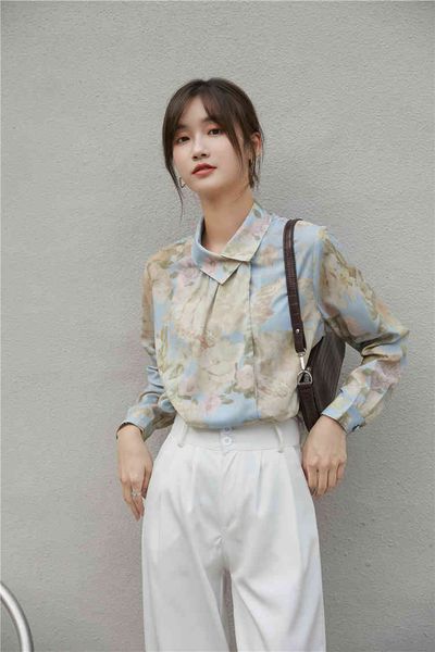 

spring autumn retro oil painting print women's thin long sleeve shirt all-match loose 210514, White
