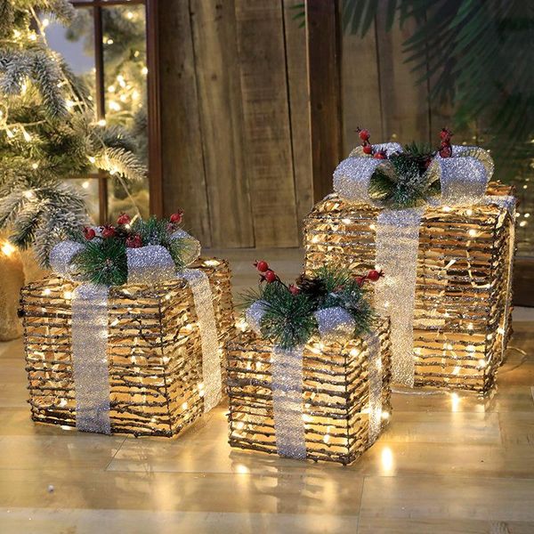 

christmas decorations three-piece decoration gift box tree ornaments luminous iron art home outdoor decor with 100leds