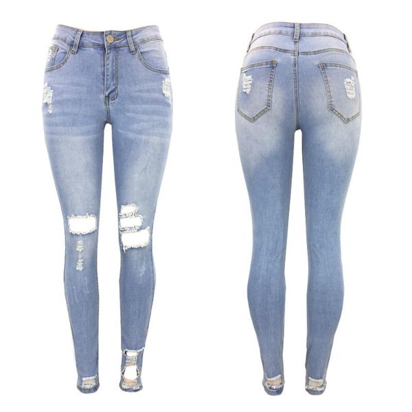 

women's jeans pierced fashion casual leggings, Blue