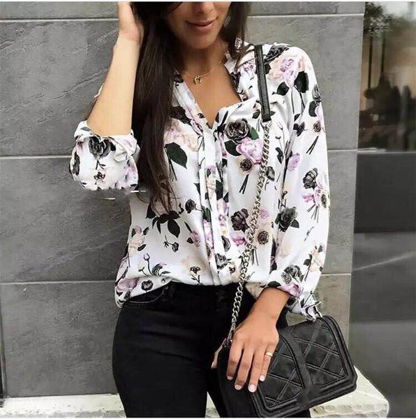 

elfstyle silk ladies flower printing long sleeve blouse shirt - stylish casual women's blouses & shirts, White