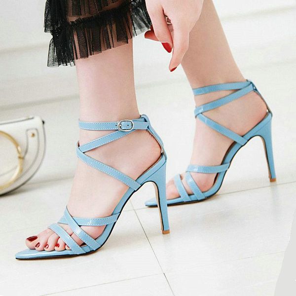 

women shoes summer gladiator sandals thin high heels fashion bule yellow patent leather party woman big size 34-43, Black