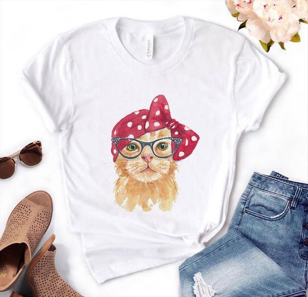 

cat bow print cotton casual women t shirts funny yong girl tee pm 66, White