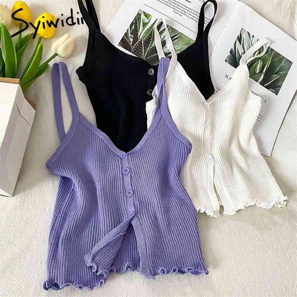 

knitted button up camis women v-neck screw thread edible tree fungus casual tank summer fashion clothing 210607, White