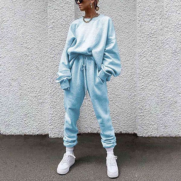 

fashion solid colors leisure two womens pants piece set tracksuits loose o neck athletic long sleeves hoodie casual sport suit, White