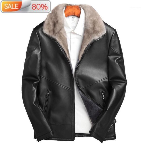 

men's leather & faux winter genuine sheepskin coats jacket men real mink collar coat wool fur liner parka erkek deri ceket zla45, Black