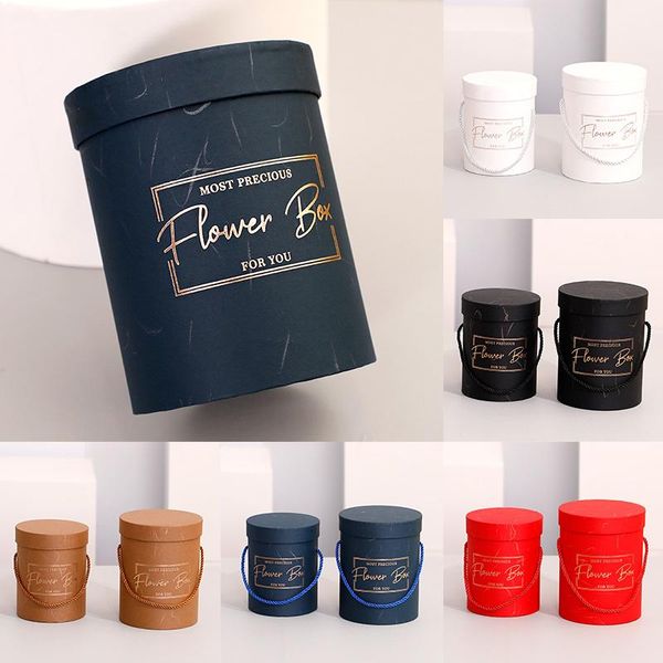 

1pc round flower packaging box florist wrapping hug bucket with lid lanyard packing paper boxes party wedding gift supplies wrap