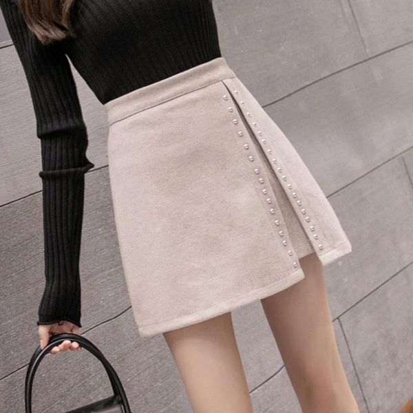 

skirts high fashion rivet woolen skirt women waist irregular side split short mini harajuku faldas verano plus size, Black