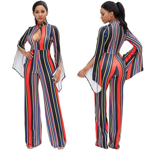 

women's jumpsuits & rompers contrast color striped patchwork loose flare sleeve front hollow out bodysuit high waist party romper l-yd5, Black;white