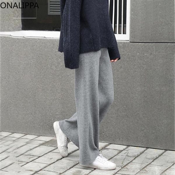 

women's pants & capris onalippa women 2021 autumn winter temperament gentle hong kong style loose wide-leg high-waist knit casual strai, Black;white