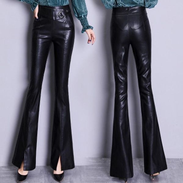 

women's winter korean leather trousers pu bell-bottom high-waist casual low-cut for women pants & capris, Black;white
