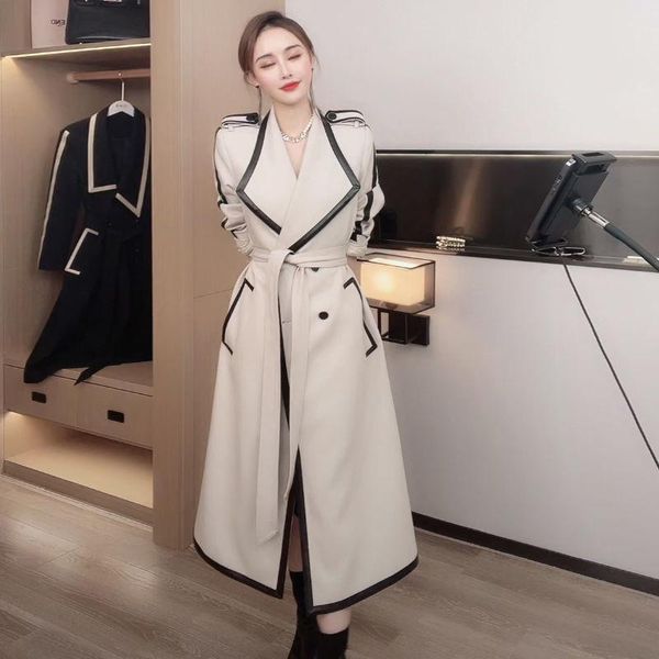 

women's trench coats light luxury leather windbreaker jacket 2021 autumn korean version slim coat for women mid-length overcoat, Tan;black