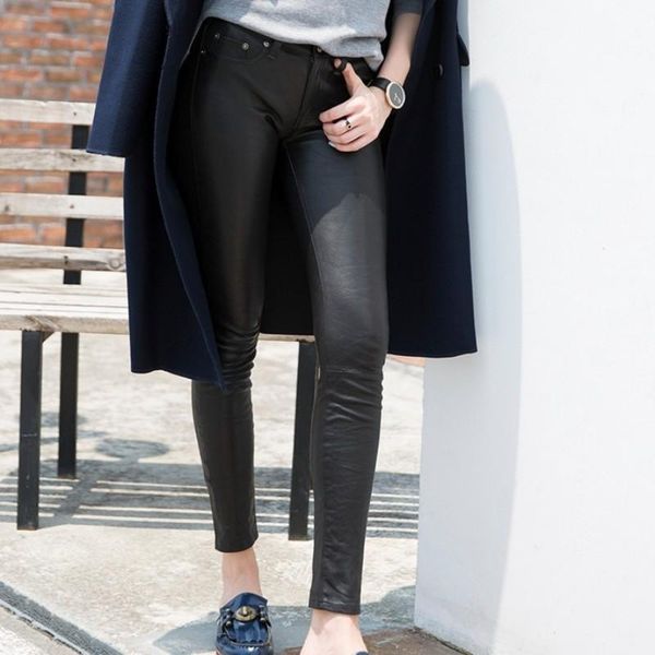 

women's pants & capris luxury women 100% sheepskin genuine pencil lady stretchy leggings push up leather long trousers skinny, Black;white