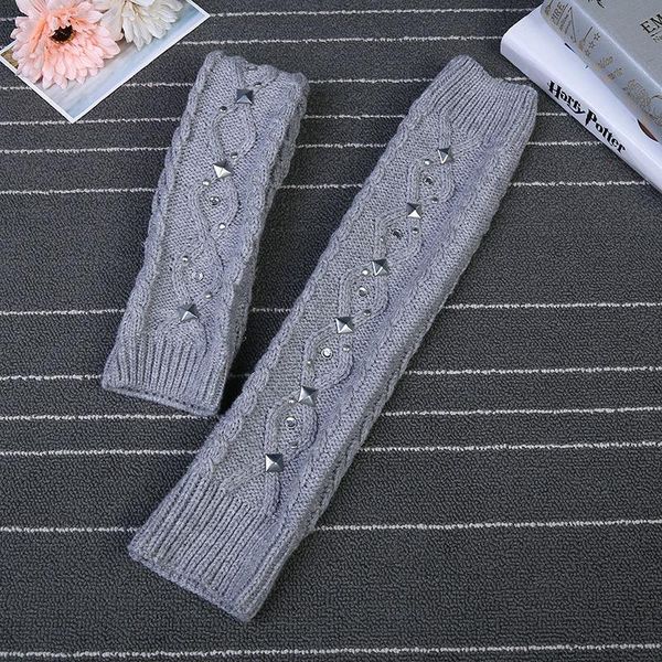 

fingerless gloves quadrate rivet embellished women' wrist long arm warmer winter knit mitten, Blue;gray