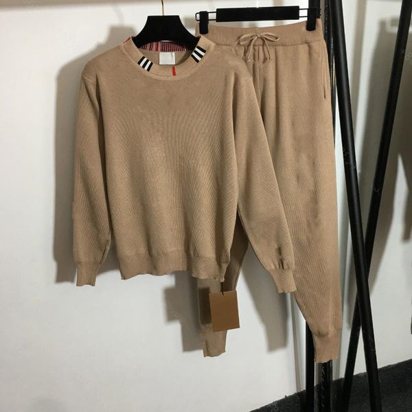 

women's two piece pants set wool knit sweater hoodie brand sweatshirt embroidered round neck pullover long sleeve, White