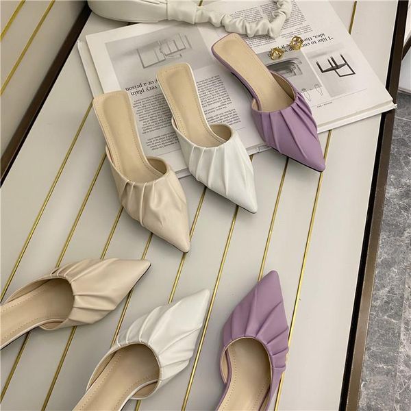 

slippers mules for women 2021 cover toe shoes med casual thin heels slides luxury pointed flat rubber rome basic fashion pu, Black