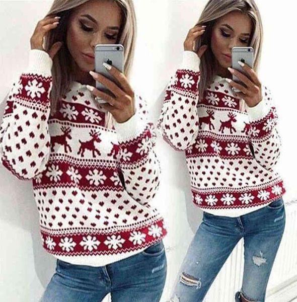 Felpe con cappuccio da donna con fiocco di neve di Natale Casual O Collo manica lunga Cartoon Deer Felpa con stampa Felpa con cappuccio da donna Pullover di Natale Top 210507