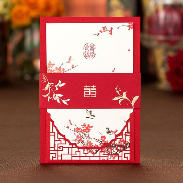 

greeting cards 50 pieces /lot laser cut wedding invitations chinese design red gold-foil plum blossom personalized invite