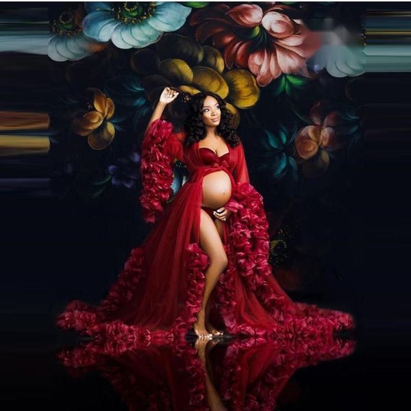 

2022 evening dresses wear dark red organza ruffles maternity robes for p shoot long sheer bridal pregnancy tulle dress gowns custom made, Black;red