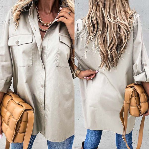 

blouses celmia oversized lapel shirts women elegant office 2021 fashion casual long sleeve blouses vintage pockets blusas plus size, White