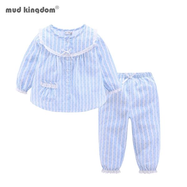 Mudkingdom boutique meninas pijama conjuntos primavera outono laço bonito listrado coração criança pijama kids sleepwear roupa de dormir 211109