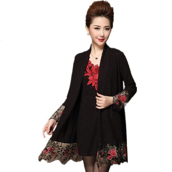 

casual dresses autumn women lace embroidery two-piece dress vintage vestidos de festa ladies fashion clothes brand qaulity style plus size, Black;gray