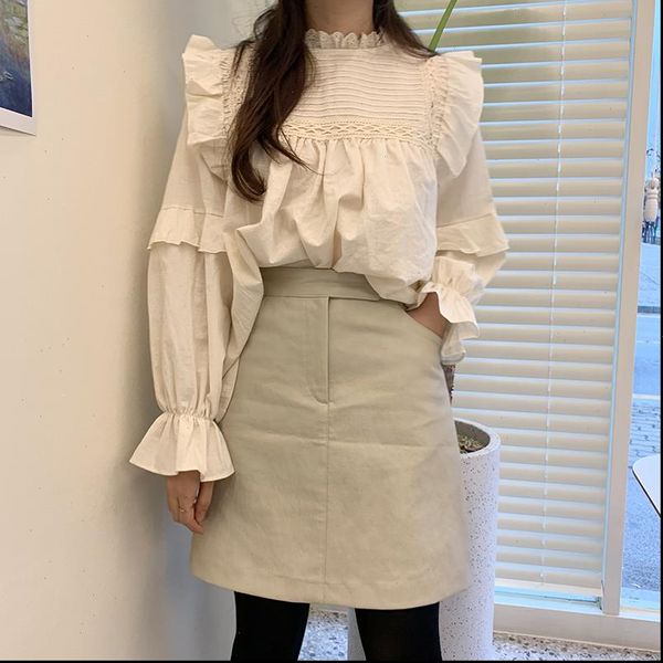 

spring women blouses stand collar loose pleated ruffles stitching long sleeve doll shirt office lady blusas, White