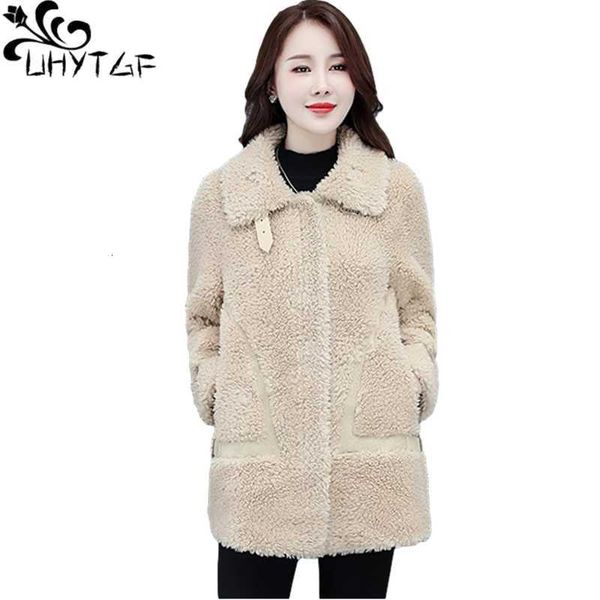 

women's fur & faux uhytgf women winter jacket sheep shearing coat mid-length zipper loose plus size outerwear casual warm female c, Black