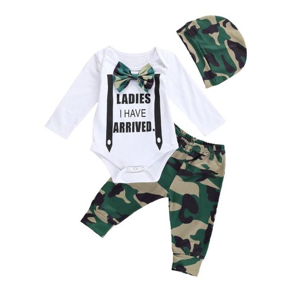 

clothing sets focusnorm born baby boys clothes 3pcs letter print long sleeve romper camouflage pants hats 0-24m, White