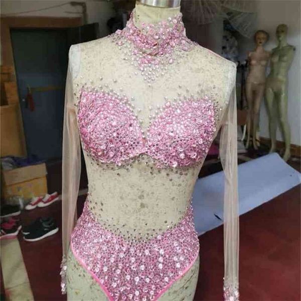 Сексуальная сетка прозрачные камни боди день рождения вечеринка наряд S ромпер певец команда танец розовый белый синий костюм 210715