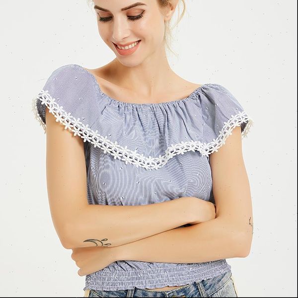 

streetwear arrival blue slash neck women shirt ruffles print short sleeve, White
