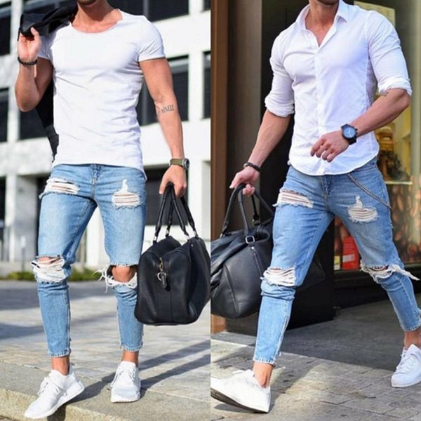 

men's denim pant stretch destroyed ripped design fashion ankle pants zipper skinny jeans for men plus size jeans 210318, Blue