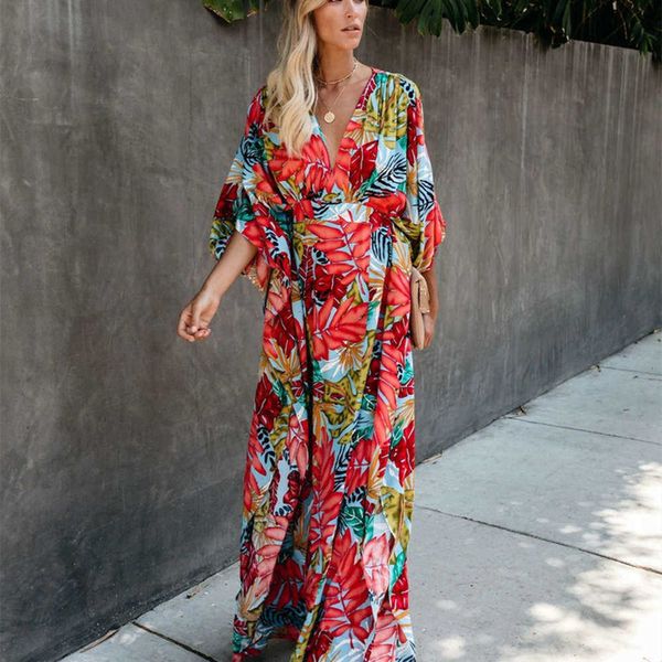 

dresses leaf print casual irregular sleeve long skirt drs, Black;gray