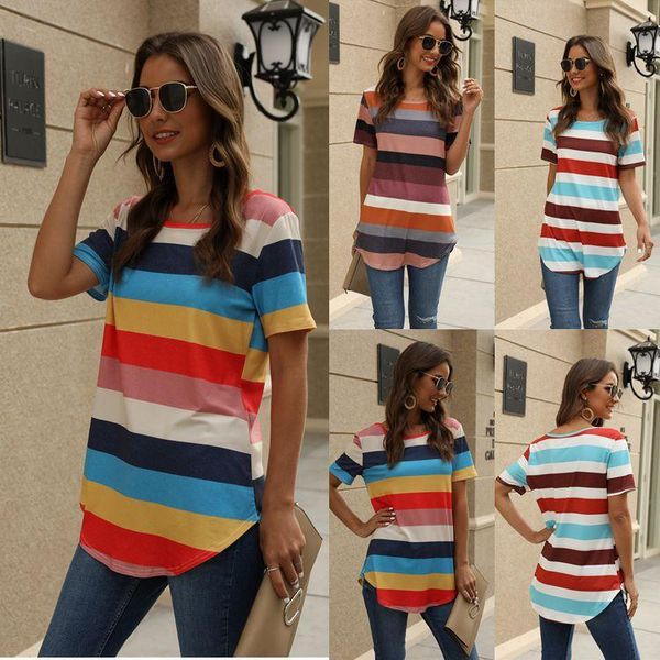 

women's t-shirt spring and summer striped printed short-sleeved selling ladies top, White