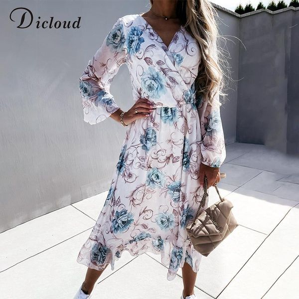 

casual dresses dicloud floral dress for women blue white print v neck boho holiday midi high street 2021 autumn sukienka fashion, Black;gray