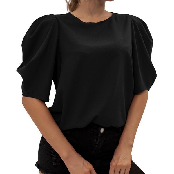 

women's t-shirt fashion bubble sleeve t-shirts summer female women round neck chiffon, White