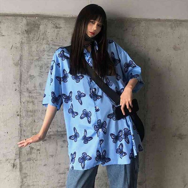 

harajuku oversize shirts women blouses high street bf style summer butterfly print short sleeve shirts, White